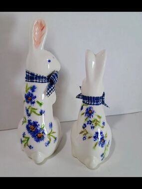 Porcelain Pair Of Rabbits Blue Flowers Blue Gingham Ribbon.Salt &Pepper Shakers